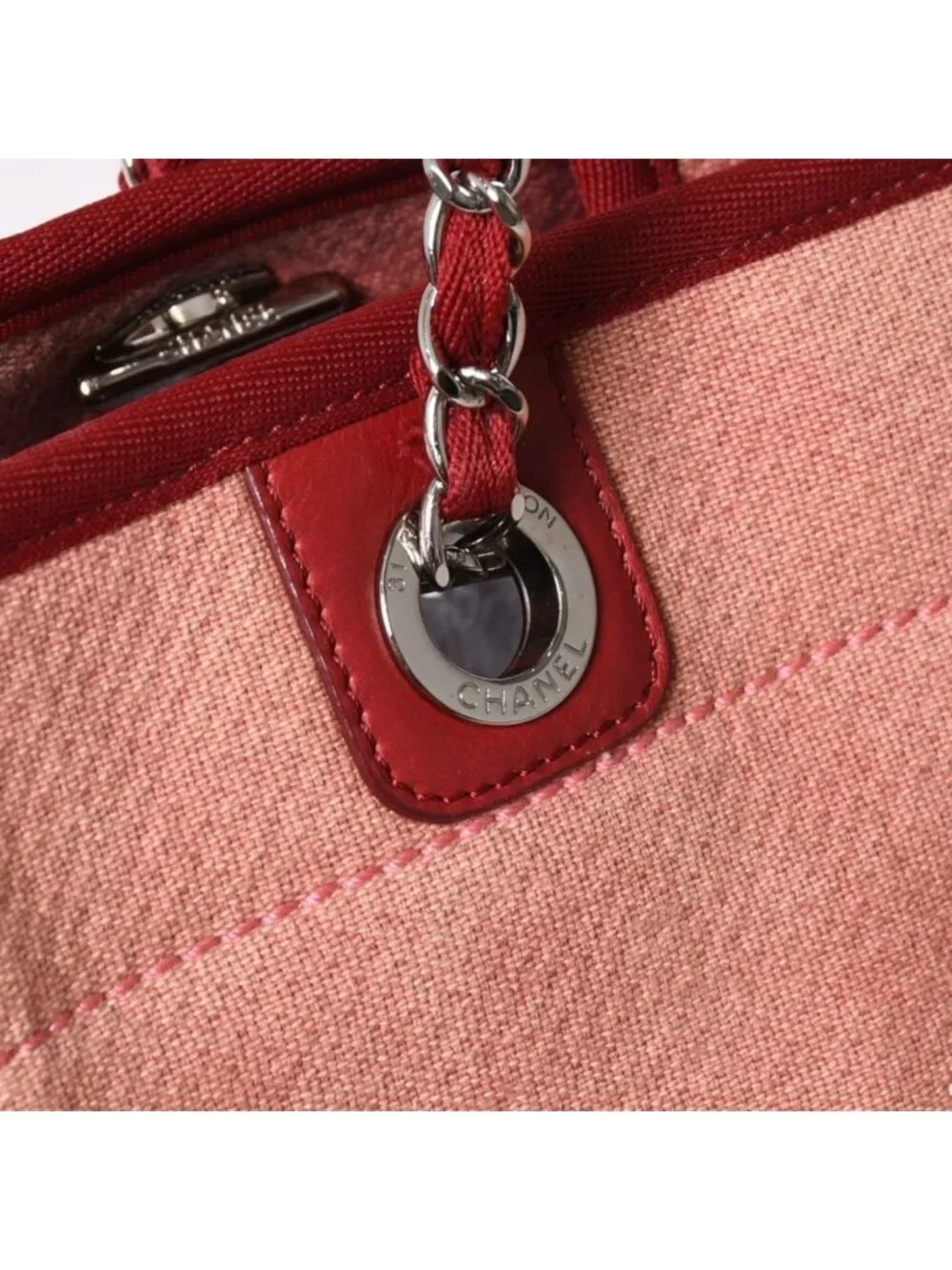 Chanel Deauville MM Chain Tote Bag CC Logo Pink Canvas Leather Silver